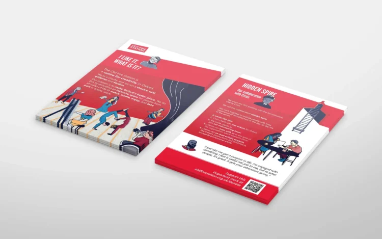Brand illustrations for Arts at the Old Fire Station Oxford Leaflet design by Kati Lacey brand illustrator