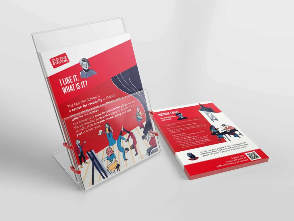 Brand illustrations for Arts at the Old Fire Station Oxford Leaflet design in holder by Kati Lacey brand illustrator Brand illustrations for Arts at the Old Fire Station Oxford Leaflet design in holder by Kati Lacey brand illustrator