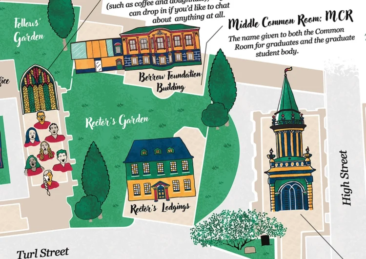 Campus map illustration for Lincoln College showing Rectors Lordge