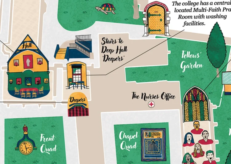 Campus map illustration detail for Oxford College showing building details