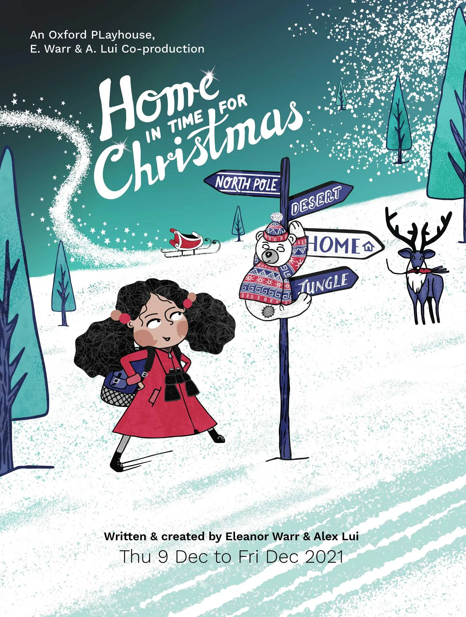 Christmas illustration for children show for Home in Time for Christmas for The Oxford Playhouse Kati Lacey