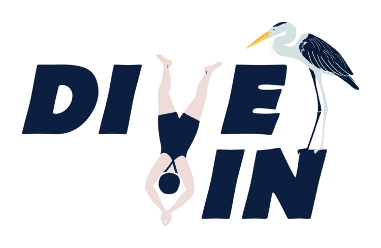 Dive in River Swimming in Oxford poster logo with heron KatiLaceyIllustration