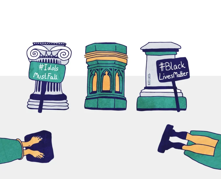 Editorial illustration Toppling statues oxford by Kati Lacey editorial illustrator
