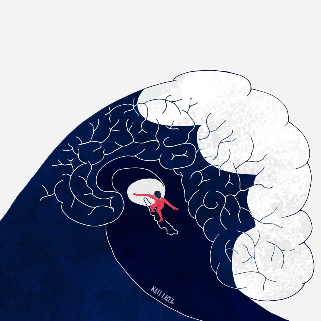 Editorial illustration navigating emotions Surfer riding the waves of emotions by Kati Lacey editorial illustrator