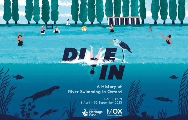 Illustrated branding exhibition poster for river swimming in oxford landscape by Kati Lacey Illustration