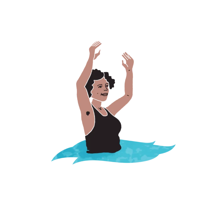 Illustrated branding exhibition poster for river swimming in oxford landscape by Kati Lacey Illustration character with arms in the air