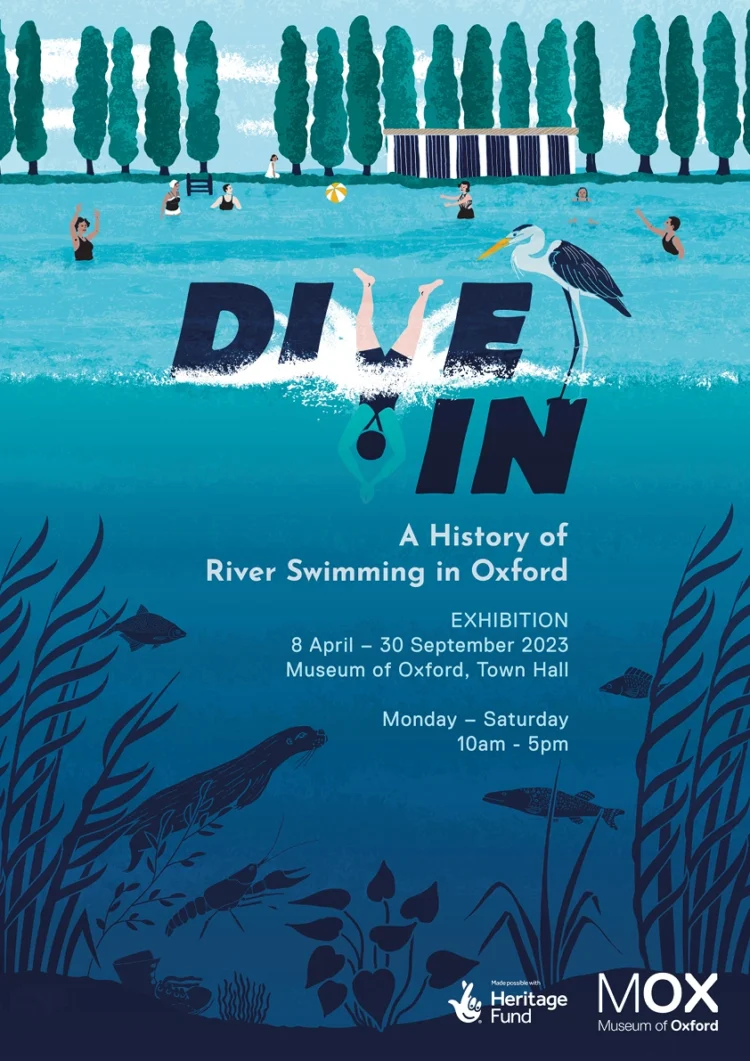 Illustrated branding exhibition poster for river swimming in oxford vertical by Kati Lacey Illustration