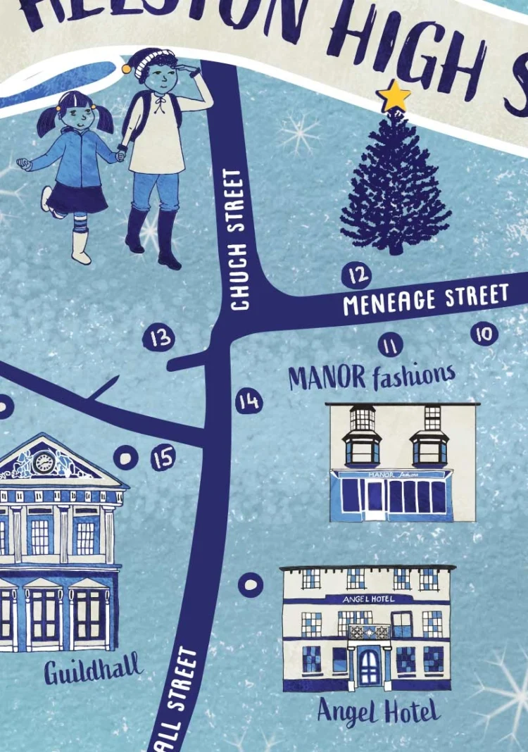 Illustrated Christmas shopping map Helston High Street by Kati Lacey
