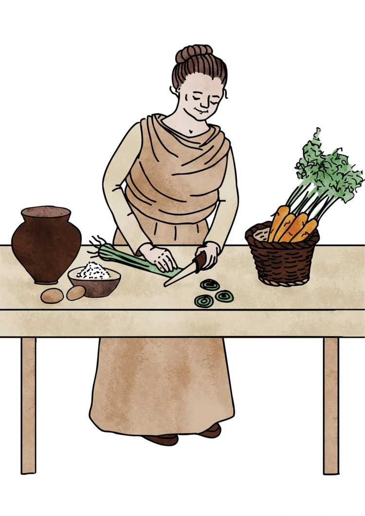 Non fiction character illustration for archeology Roman character preparing vegetables Kati Lacey Freelance Illustrator