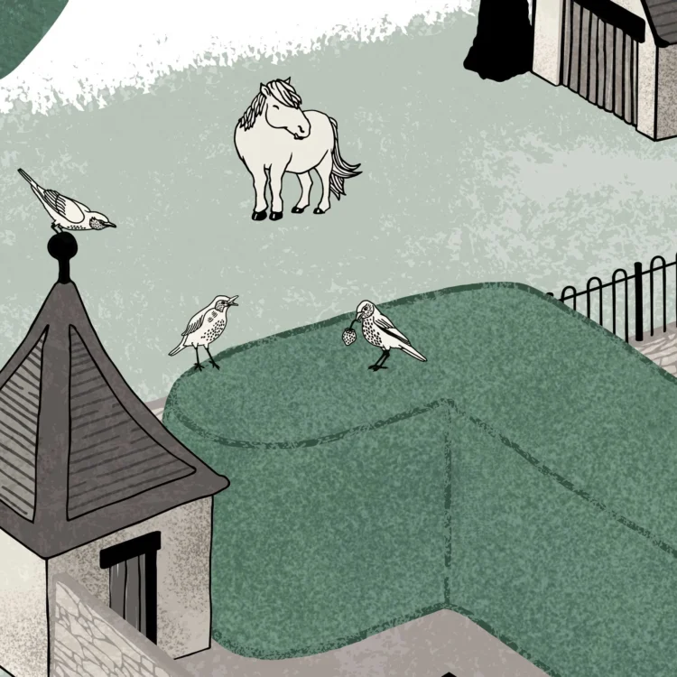 Site map illustration detail for Kelmscott Manor summer residence of William Morris by Kati Lacey