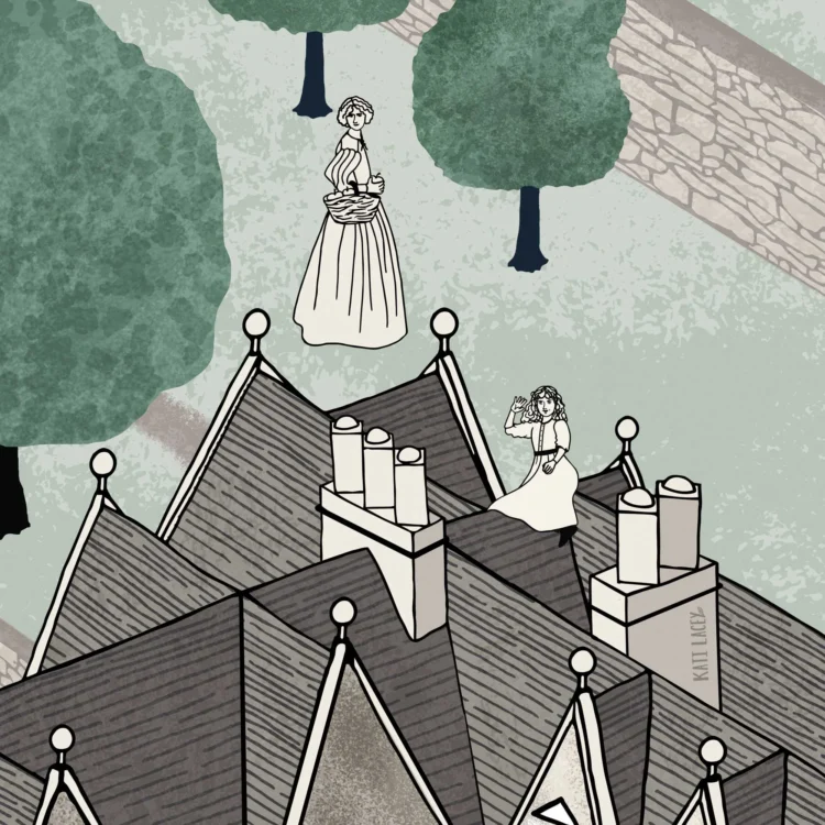 Site map illustration detail of Jane Morris for Kelmscott Manor by Kati Lacey freelance map illustrator