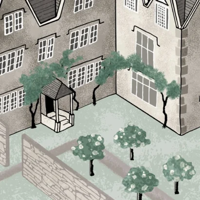 Site map illustration detail of entrance and roses for Kelmscott Manor summer residence of William Morris by Kati Lacey