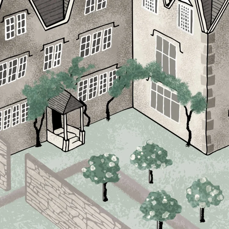 Site map illustration detail of entrance and roses for Kelmscott Manor summer residence of William Morris by Kati Lacey