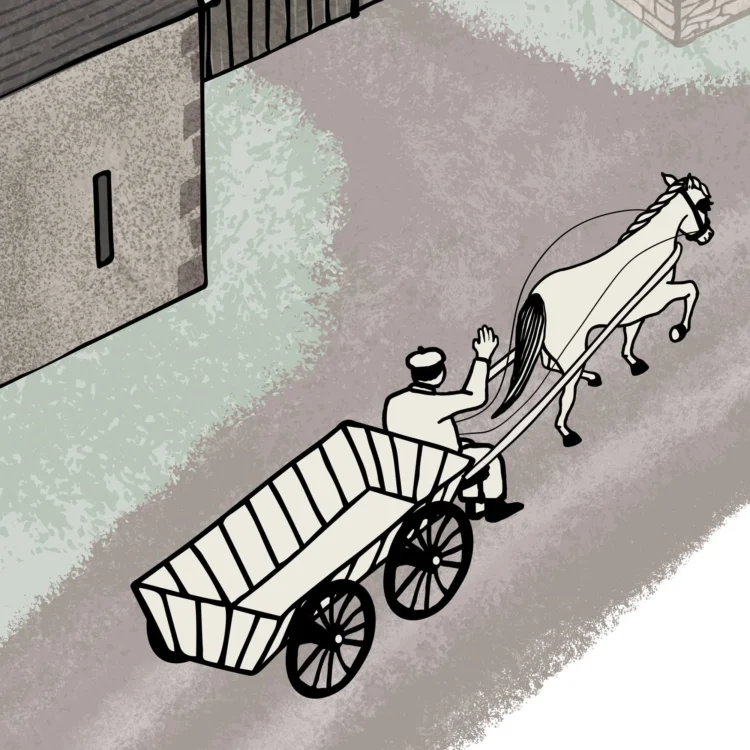 Site map illustration detail of horse and cart for Kelmscott Manor summer residence of William Morris by Kati Lacey