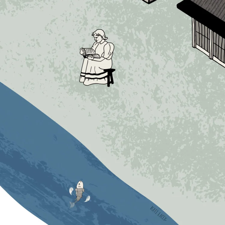 Site map illustration detail of reading Jane and fish for Kelmscott Manor summer residence of William Morris by Kati Lacey