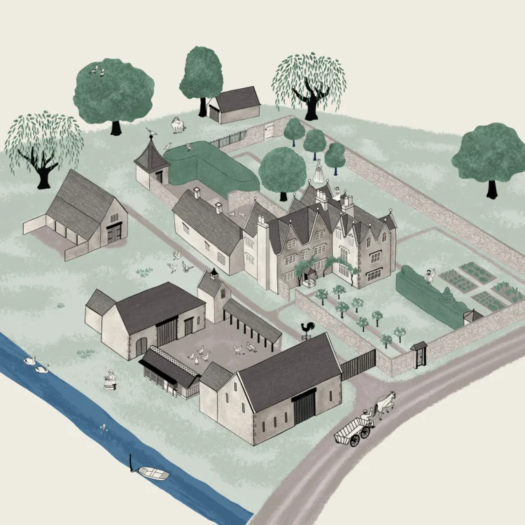 Site map illustration for Kelmscott Manor summer residen of William Morris Victorian arts and crafts movemement (1)