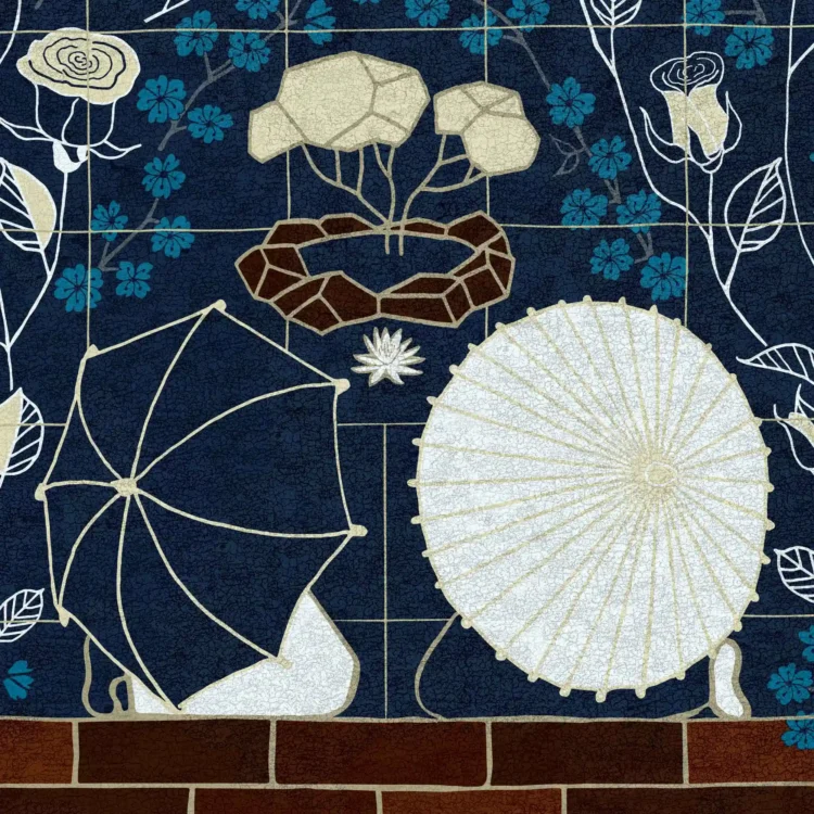 kyoto garden heritage poster london by kati lacey freelance illustrator detail of people with umbrellas